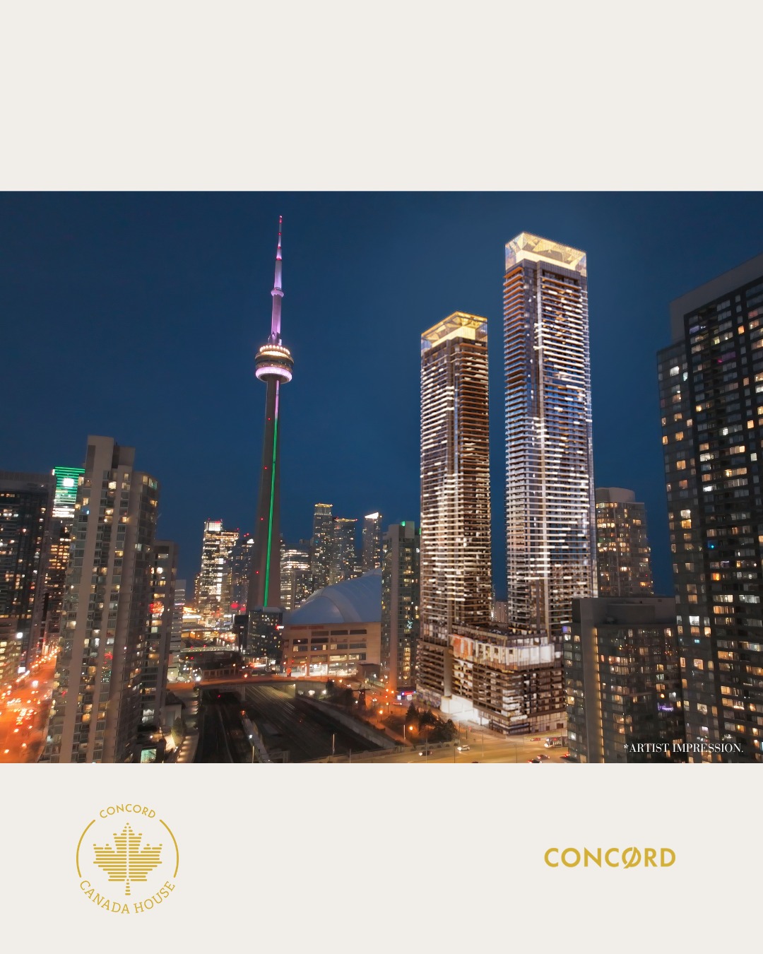 Concord Canada House with CN Tower at night